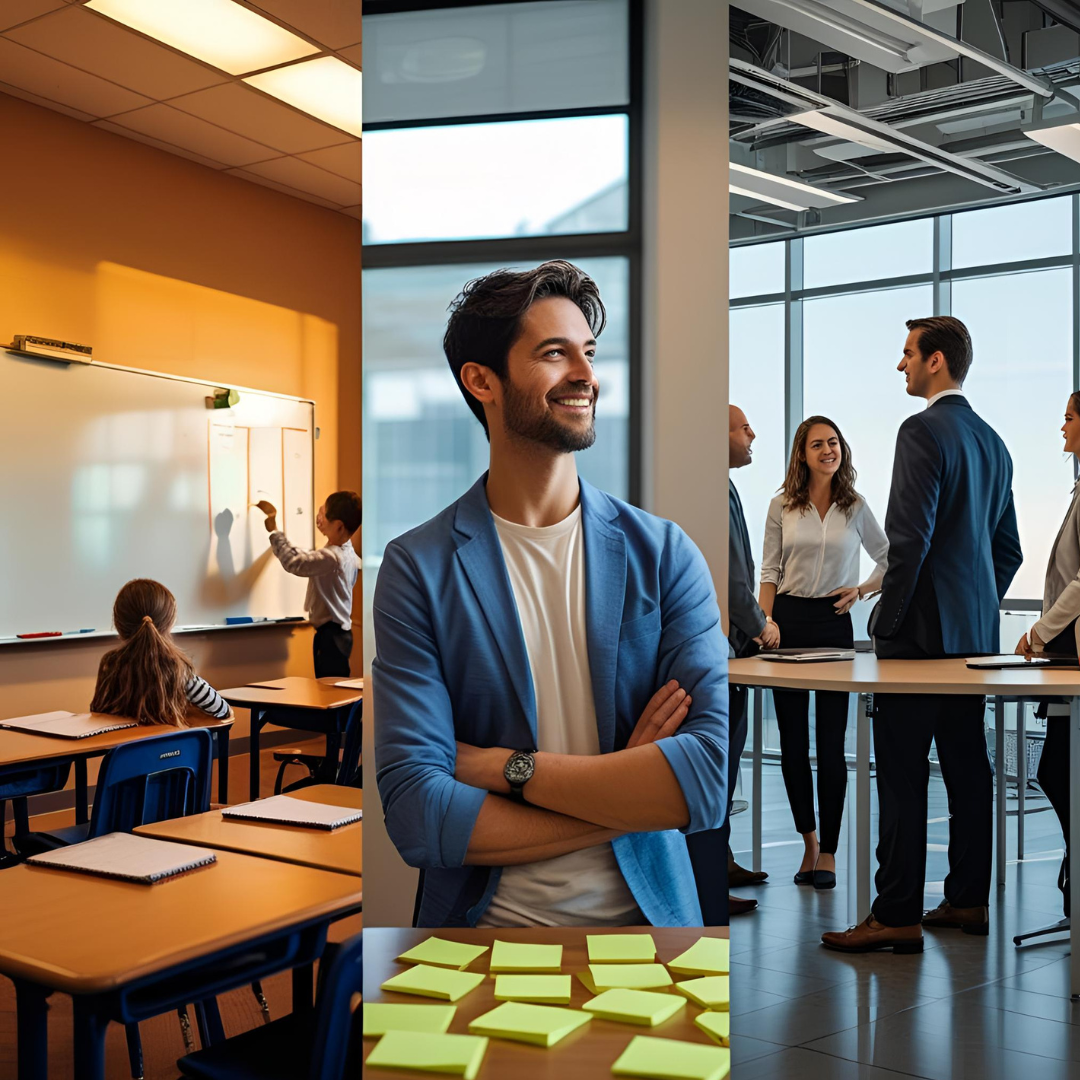 Three panels, classroom on left, edtech start-up in cente, boardroom on right